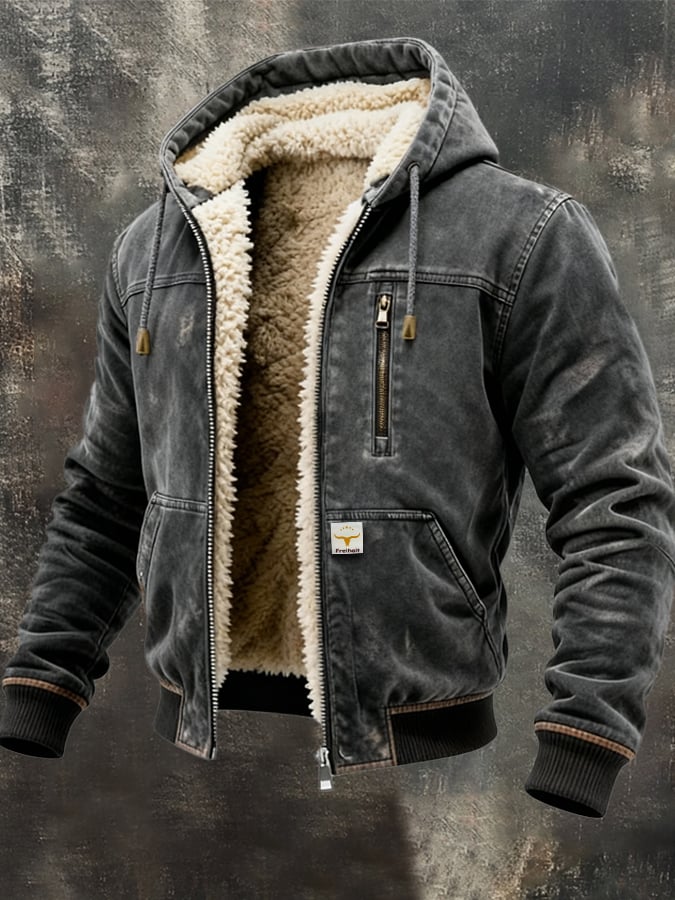 Men's Hooded Jacket – Sherpa Lined Vintage Washed Fall Jacket – alternate view