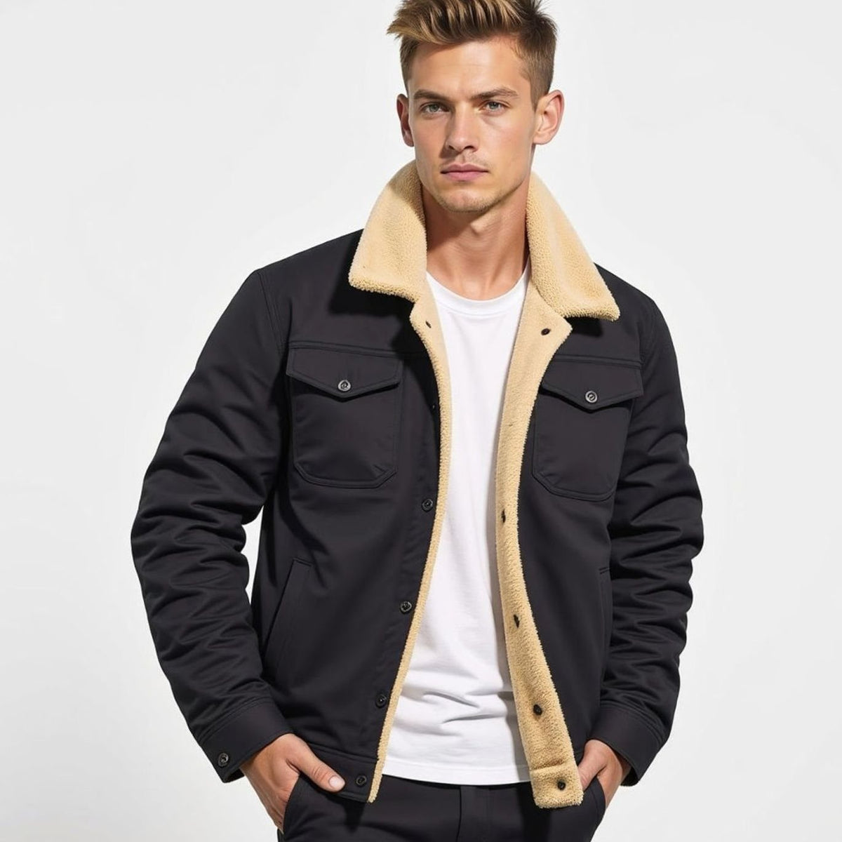 Men's Sherpa Trucker Jacket – Snap Front Relaxed Fit Lined Jacket in Army Green