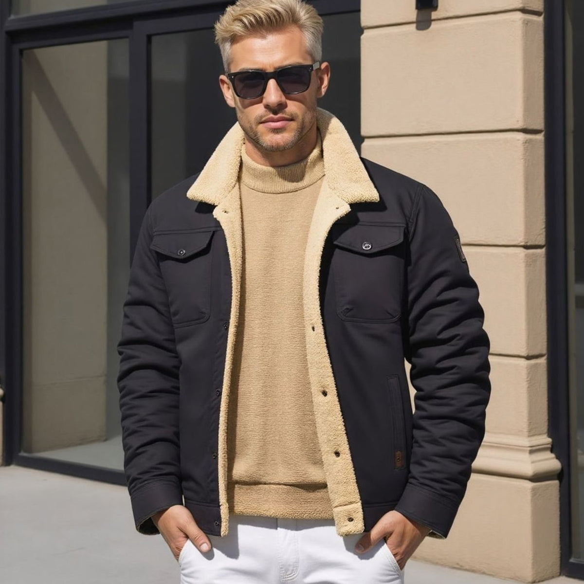 Men's Sherpa Trucker Jacket – Snap Front Relaxed Fit Lined Jacket – alternate view