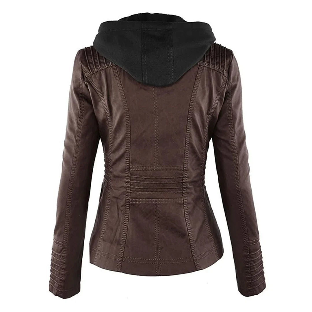 Women's Leather Jacket – Hooded Moto Biker Jacket with Zip Pockets – alternate view