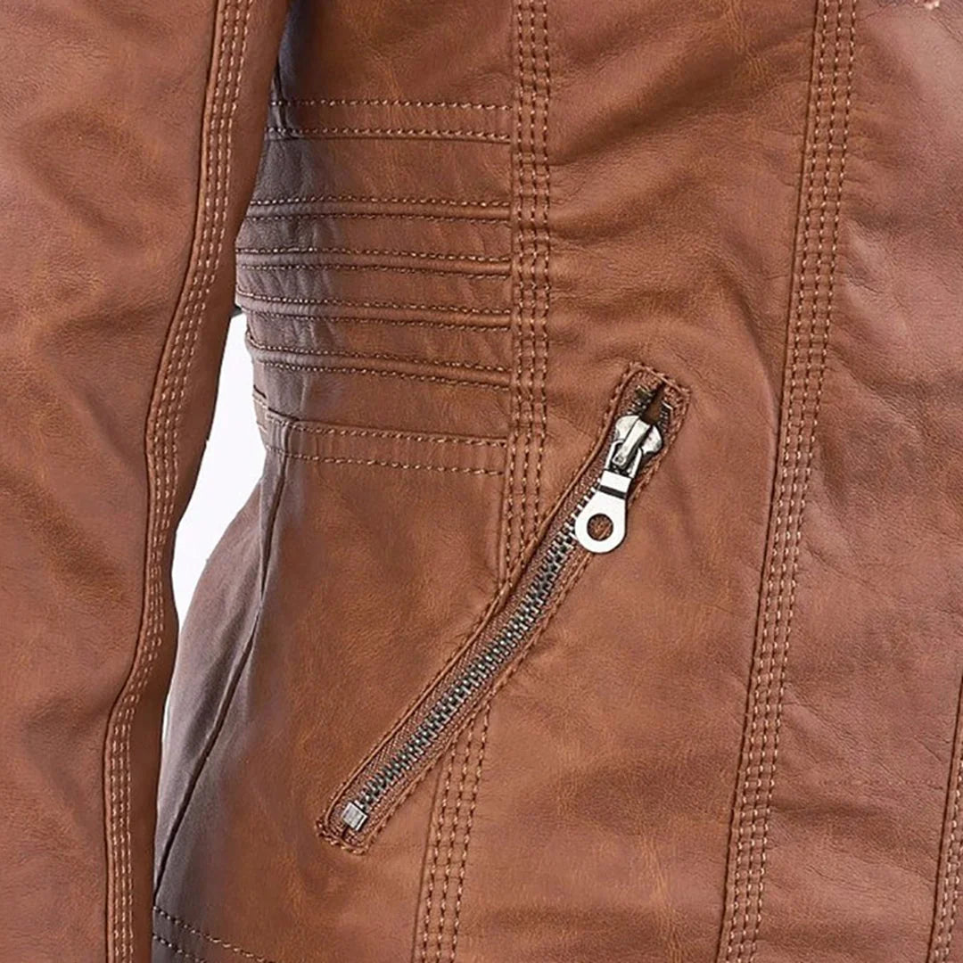 Women's Leather Jacket – Hooded Moto Biker Jacket with Zip Pockets – alternate view