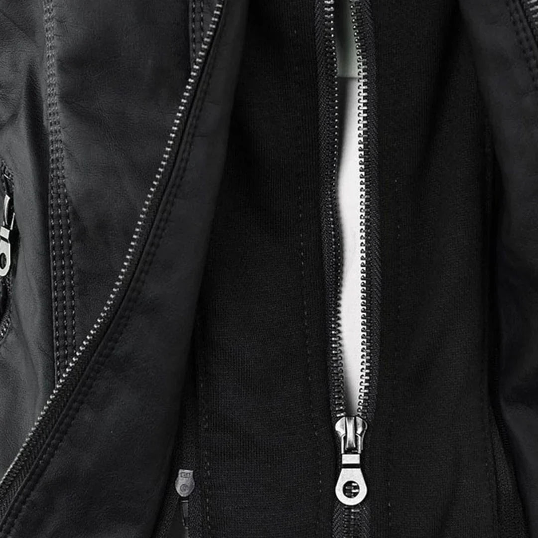 Women's Leather Jacket – Hooded Moto Biker Jacket with Zip Pockets – alternate view