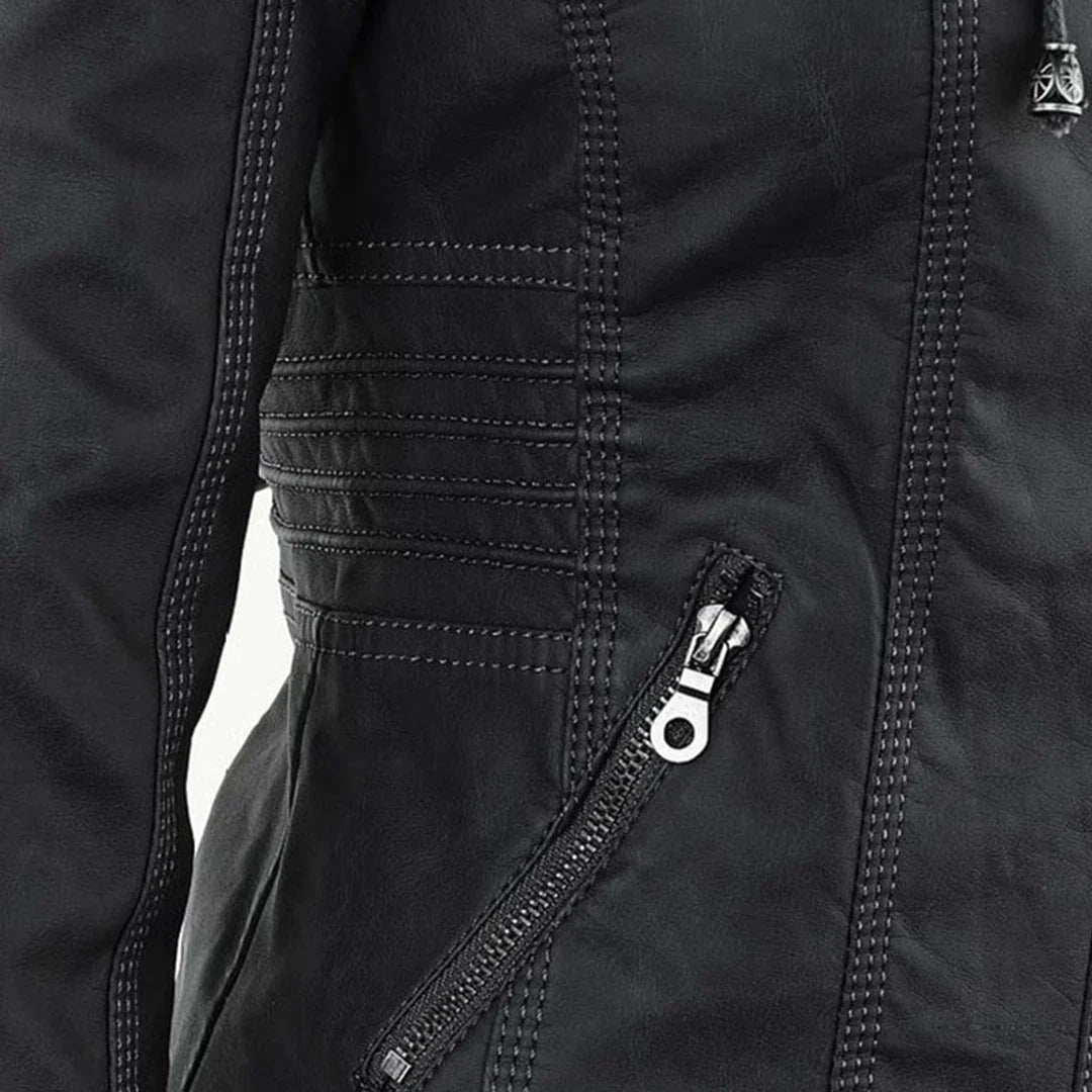Women's Leather Jacket – Hooded Moto Biker Jacket with Zip Pockets – alternate view