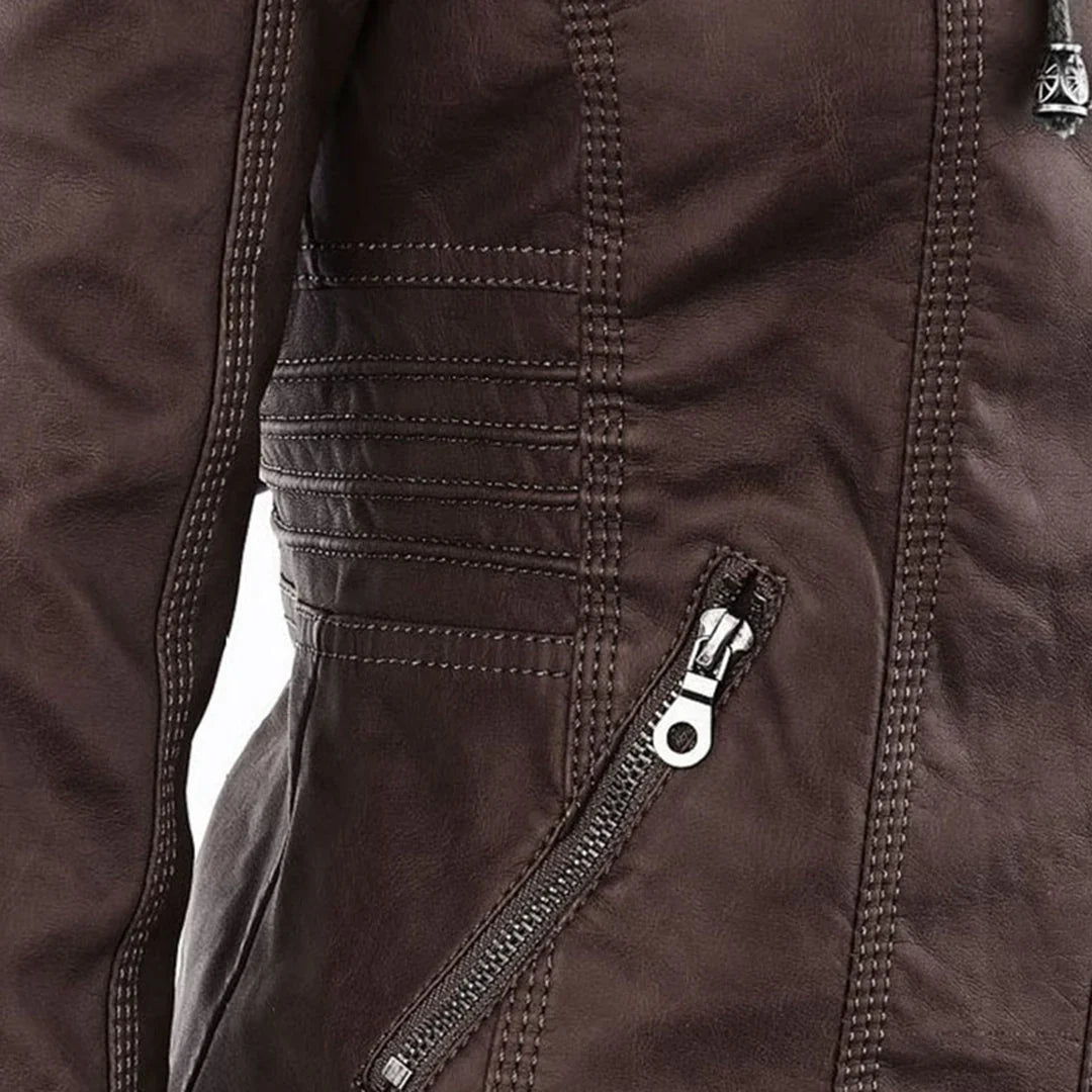 Women's Leather Jacket – Hooded Moto Biker Jacket with Zip Pockets – alternate view