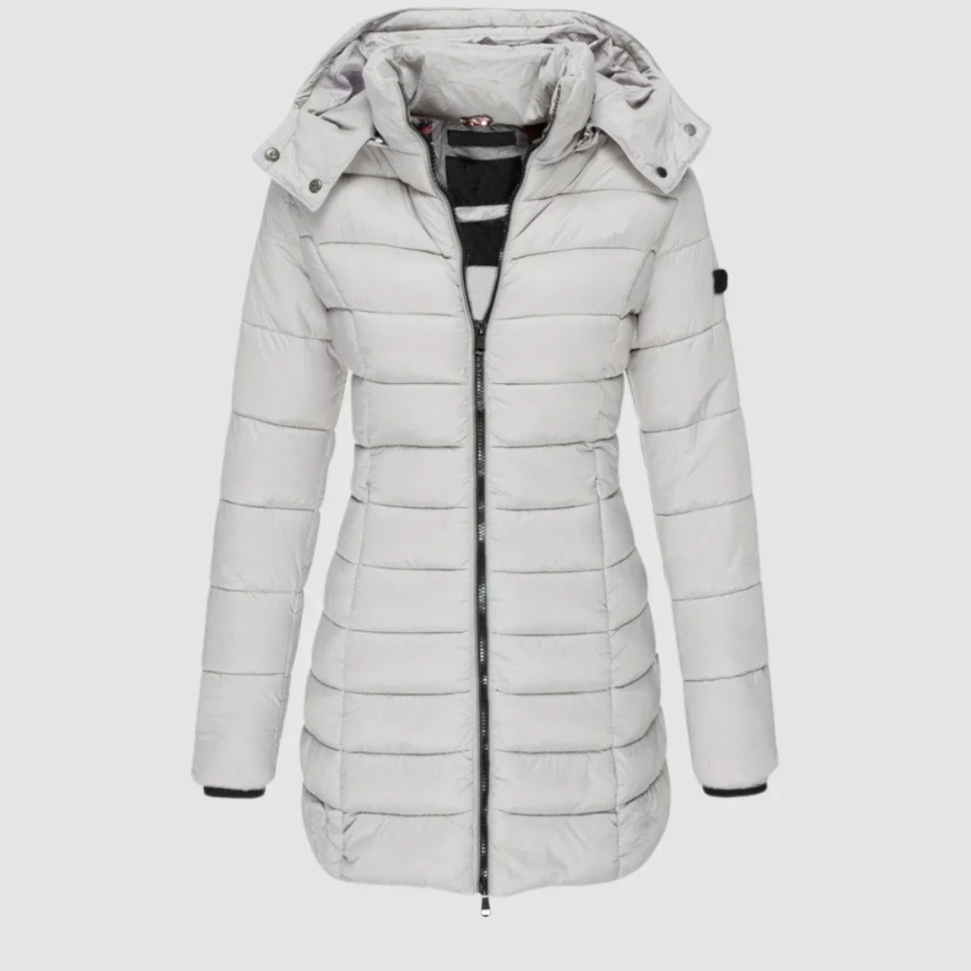 Women's Puffer Coat with Hood – Mid-Thigh Quilted Puffer Jacket in Gray