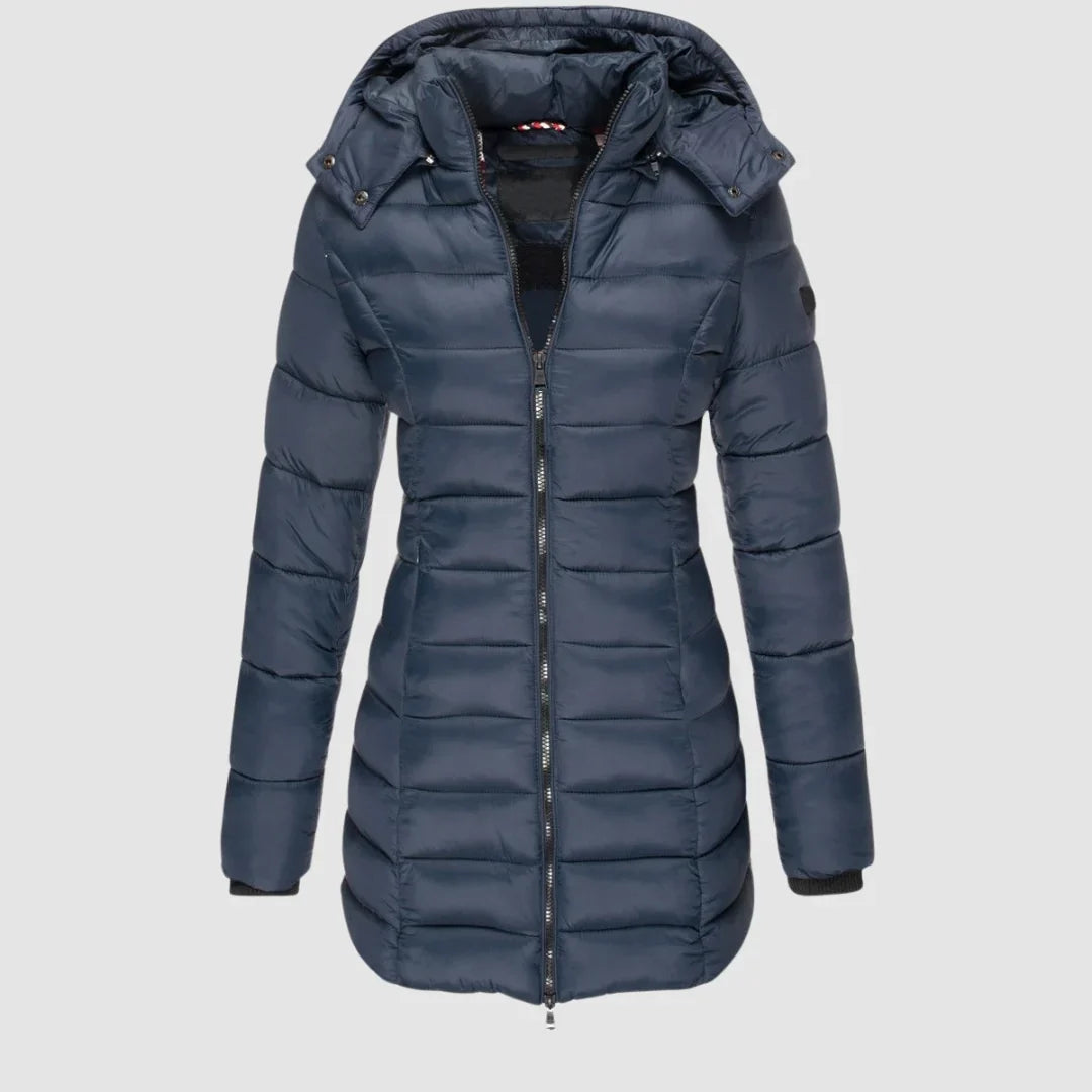 Women's Puffer Coat with Hood – Mid-Thigh Quilted Puffer Jacket in Navy Blue