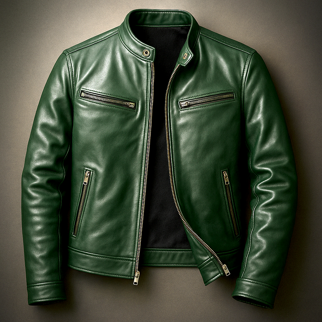 Men's Leather Jacket – Classic Biker Moto Jacket with Cotton Lining in Dark Green