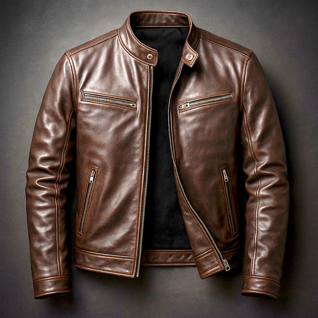 Men's Leather Jacket – Classic Biker Moto Jacket with Cotton Lining in Brown